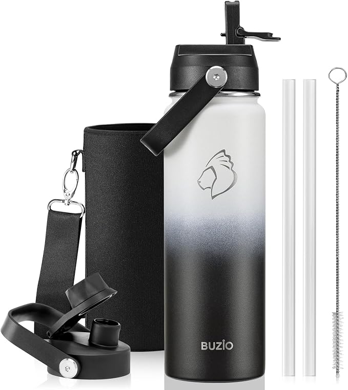 BUZIO 24 oz Insulated Stainless Steel Water Bottle with Straw & Spout Lids | Triple Wall Insulated Tumbler (Dishwasher Safe) ,Cold for 48 Hrs, Wide Mouth, Leakproof, BPA-Free, for Sports, Gym, School