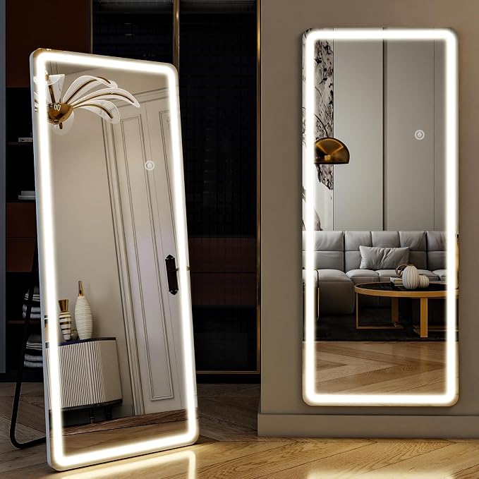 Led Mirror Full Length 24 x 65 Inch Tempered Glass | Full Body Mirror with Dimming & 3 Color Lighting Standing Leaning or Hanging Full led Mirrors for Bedroom Dressing Room Rect
