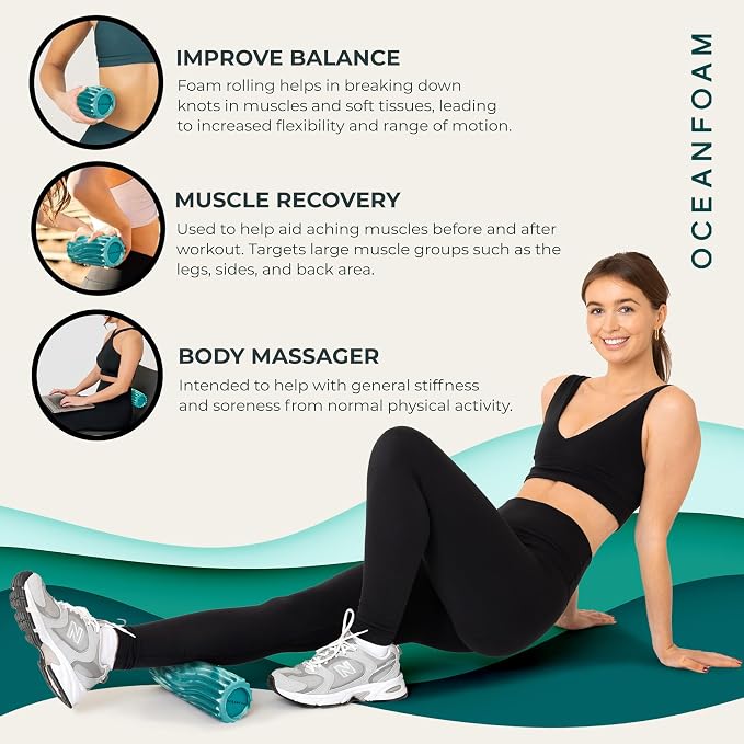 Oceanfoam Ripple Travel Foam Roller (11" x 3.35") Firm Mini Foam Roller for Physical Therapy, Deep Tissue Massage, Back Pain - High Density, Wave Textured - Yoga, Exercise (Jade & Seafoam Marbled)