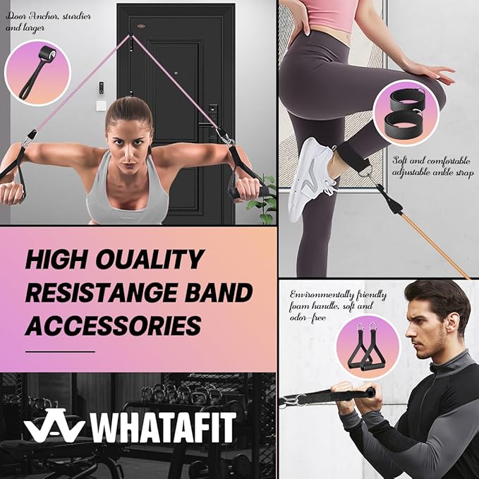 WHATAFIT Resistance Bands with Handles, 5-Level Exercise Bands for Workout | Natural latex,10-50 lbs, stackable to 150,Ankle Straps, Door Anchor,Guide. For Strength, Yoga,Home Gym,Travel & Workout.