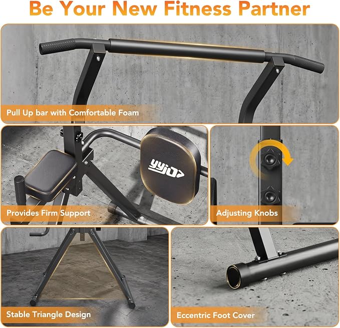 YYJO Foldable Pull Up Bar Free Standing Multi-function Power Tower Dip Bar with Assistance Bands Home Gym Strength Training Equipment