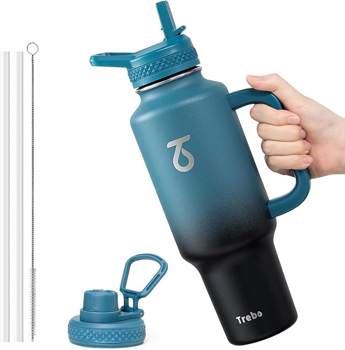 Trebo Insulated Water Bottle 40 oz Fits in Car Cup Holder with Side Handle | Stainless Steel Metal Tumbler with Straw Spout Lids, Triple-Wall Vacuum Copper Plated, Cold 48 Hrs Hot 24 Hrs for Travel, Gym