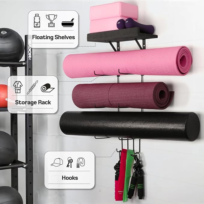Bikoney Yoga Mat Holder Wall Mount Yoga Mat Storage Home Gym Accessories with Wood Floating Shelves and 4 Hooks for Hanging Foam Roller and Resistance Bands at Fitness Class or Home Gym Vintage Black