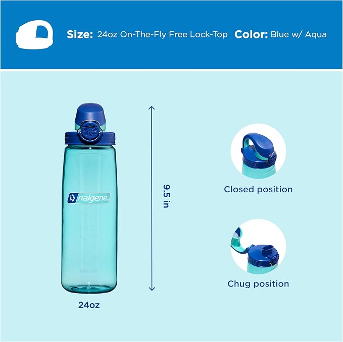 Nalgene 24 oz On The Fly Lock-Top Water Bottle, Blue w/Aqua | Easy Chug Cap with Locking Lid, Cup Holder Size, BPA-Free, Durable & Leak Proof, Lightweight Bottle for Hiking, Gym & Travel