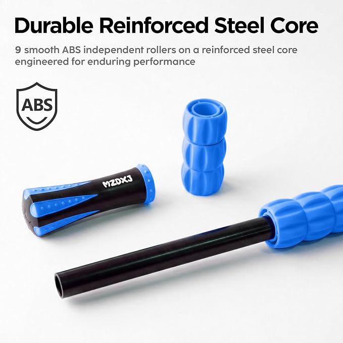Muscle Roller & Massage Roller Stick for Athletes - Lymphatic Drainage Support, Relieves Muscle Soreness, Cramping & Tightness - Targets Legs, Arms, Back & Calves （Blue Wheel）