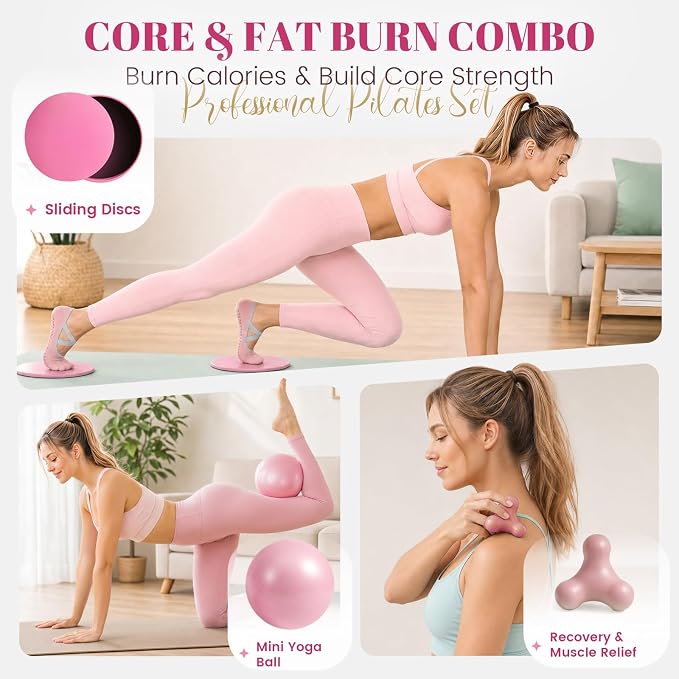 Pilates Kit for Women, At Home Equipment Set with Pilates Ring, 2 Yoga Blocks, Mini Exercise Ball, Resistance Bands, Sliding Discs, Stretch Strap for Full Body Workout