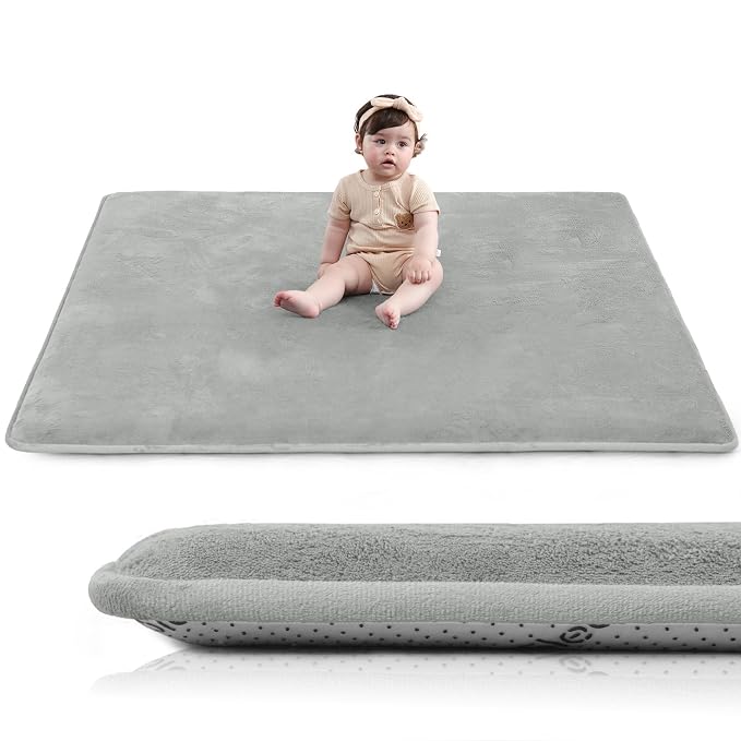 Baby Play Mat for Floor,1.3" Thick Foam 59"×59" Playpen Mat for Tummy Time,Non-Toxic Certified Water Repellent Soft Coral Velvet for Toddler,Infant,Kids,Non-Slip Backing Safe for Crawling(Light Grey)