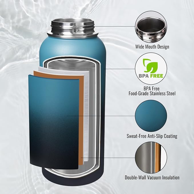Fijinhom Insulated Water Bottle with Handle, 304 Stainless Steel Water Bottles with Wide Mouth, Double Wall Vacuum Sports Water Bottle, BPA Free, Keep Cold and Hot, 32 Ounces Blue&Black