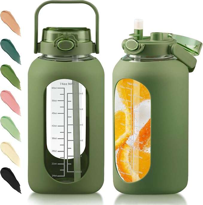 74 oz Glass Water Bottle with 2-in-1 Straw Lid Large Gallon Water Bottle with Time Marker & Removable Silicone Sleeve,Wide Mouth BPA-Free Borosilicate Bottle for Gym, Workout & Daily Use