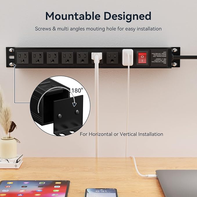 Heavy Duty Power Strip,8 Outlet Metal Power Strips Wall Mount, 1.6 inch Wide Spaced Industrial Surge Protector, Garage Outlet for Shop Workshop Power Strip with Switch & 6 FT Extension Cord, 300J