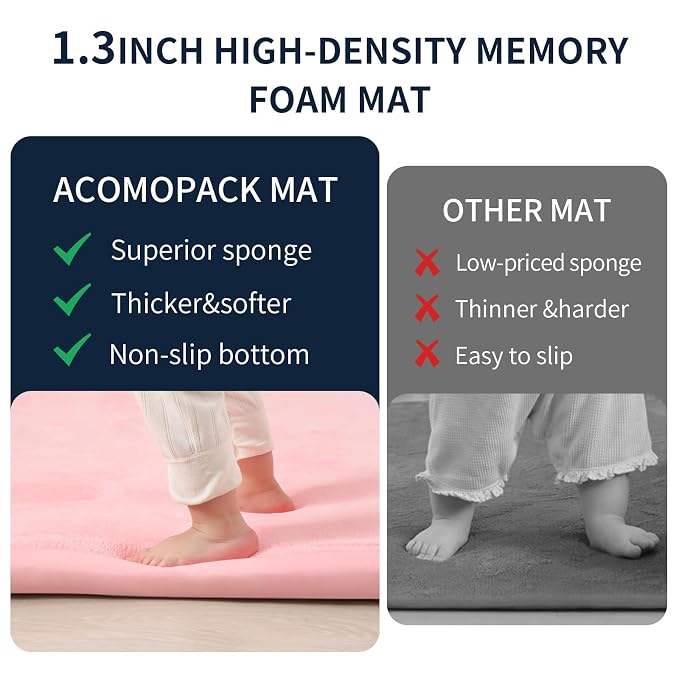 ACOMOPACK 1.3" Thick Baby Play Mat for Floor,50x50 Elasti-Foam Playpen Mat for Kids,Infants,Toddlers, Ultra Soft Crawling Mat with Non-Slip Bottom,Tummy Time,Nursery Rug,Yoga,Tatami（Pink）