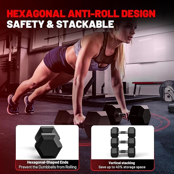 PAPABABE Dumbbell Set with Rack, 540-850lb, Rubber Encased, Home Gym | Complete & Durable Cast Iron Core Odorless PVC Antiroll Hex Shape Ergonomic Chrome Handle Versatile Home Gym