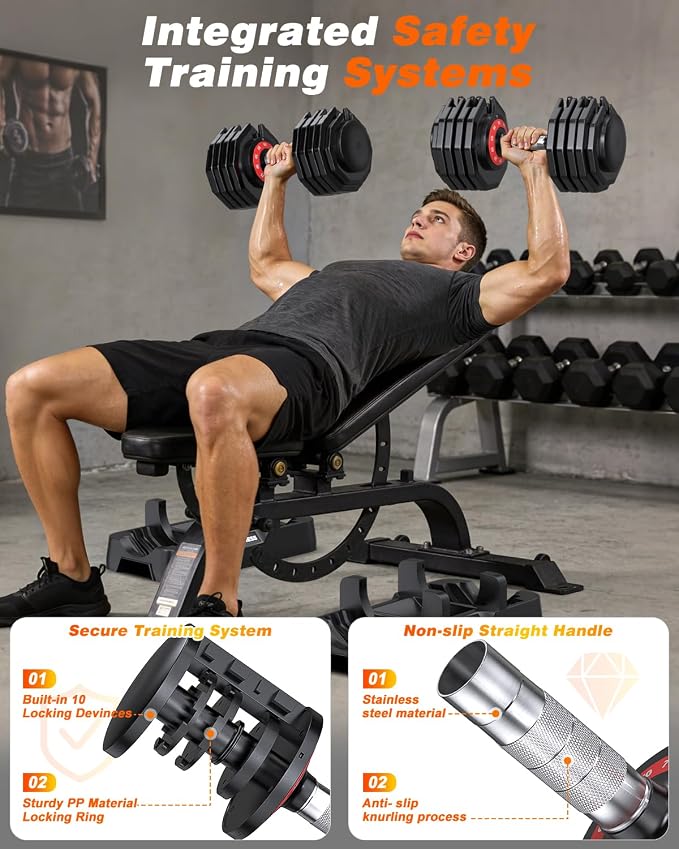 Rendpas Adjustable Dumbbell Set for Home Gym Strength Training | 25/55/80LB Pair, 10-in-1/16-in-1 Weight Set, 1-Sec Quick Adjust, Non-Slip Knurled Grip, Dual-Lock Safety, Space-Saving Tray