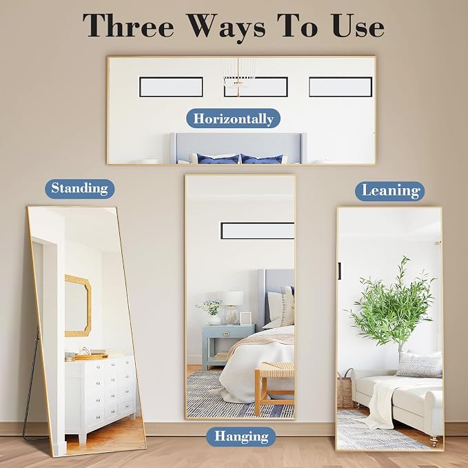 DUMOS 68"x26" Full Length Mirror, Full Body Mirror, Gold | Aluminum Alloy Thin Frame, Leaning or Hanging, Suitable for Bedroom, Livingroom, Cloakroom