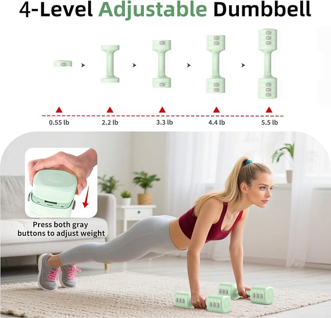 2-in-1 Adjustable Dumbbell Set, 4-Level Weights for Women | Convertible Dumbbell & Kettlebell, Adjustable 2.2-5.5lb Each, Quick-Change Button, Compact for Home Gym, Office & Outdoor