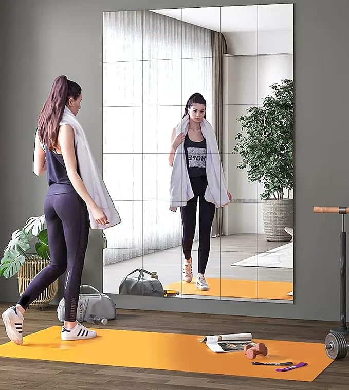 6PCS Wall Mirror Tiles, Upgrade Shatterproof Self-Adhesive Full Length Mirror for Bedroom, Bathroom, Home Gym - Frameless Acrylic Tiles for Home Decor 17.8'' x 12''