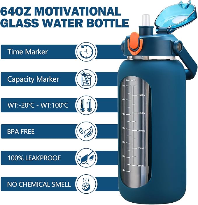 64oz Glass Water Bottles with Straw, Half Gallon Motivational Glass Bottle with Silicone Sleeve and Time Marker, 2L Leakproof Large Glass Water Jug for Gym Home Office,Blue