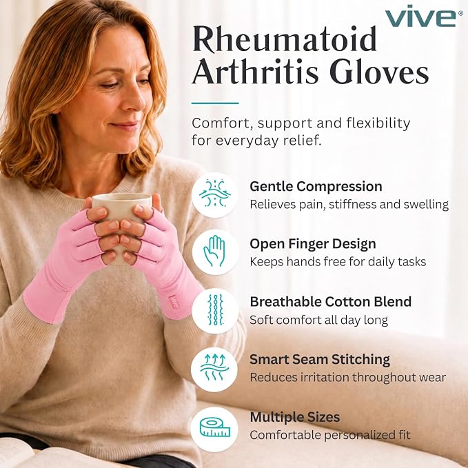 Vive Pink Arthritis Hand Compression Gloves - Comfortable Fit for Men and Women - Open Finger for Rheumatoid, Osteoarthritis and Computer Typing Pain - Carpal Tunnel Support - Moisture Wicking Fabric | Osteoarthritis- Arthritic Joint Pain Relief - Carp...