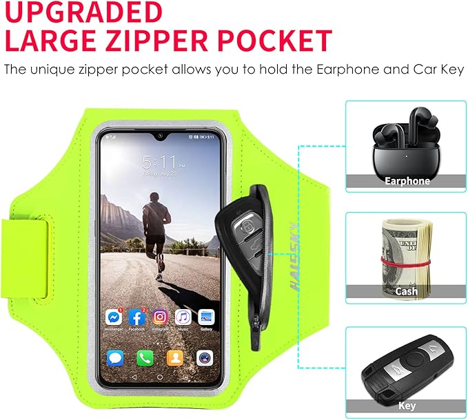 Running Armband with Earphone Pouch Fits Phones up to 6.9" | Cell Phone Armband for iPhone, Water Resistant & Breathable Sports Phone Holder & Zipper Pocket Car Key Holder for Jogging