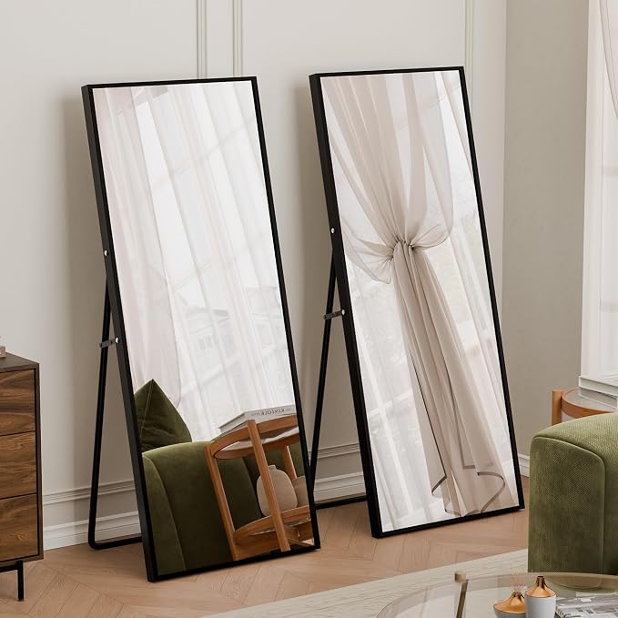 56"×18" Full Length Mirror, 2 Pcs Shatterproof Tempered Glass Floor Mirror, Alum Alloy Thin Frame Standing Mirror with Freestanding/Leaning/Wall Mount for Bedroom, Living Room & Entryway, Black