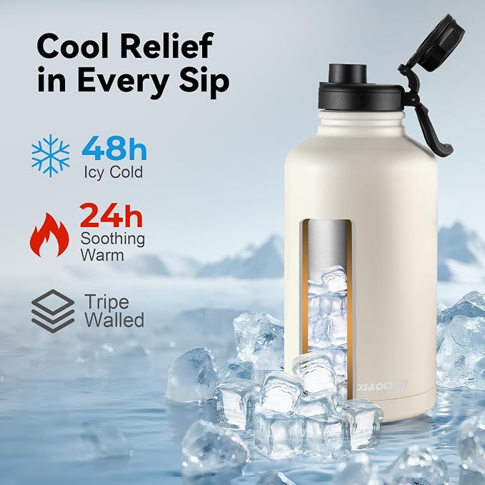 KXIAOCHEN Insulated Water Bottle with Strap, 48-Hour Cold, 2 Lids | Triple-wall insulation, lead-free 18/8 Stainless steel, paracord handle, carabiner clip, for gym, hiking, camping and travel