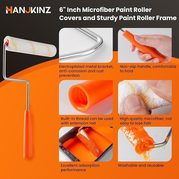 6 Inch Small Microfiber Paint Roller Kit, 9 Pcs | Microfiber Paint Roller Covers, Paint Tray with Liner, Mini Paint Roller, for Painting Wall, Door, Cabinet