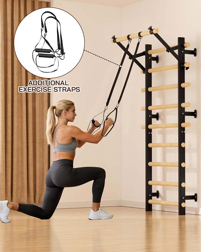 Swedish Ladder Wall Gym, Wooden Wall-Mounted Stall Bars with Pull-up Bar & Exercise Straps & Dip Bars, Stretching Ladder Full Body Home Gym Adults New