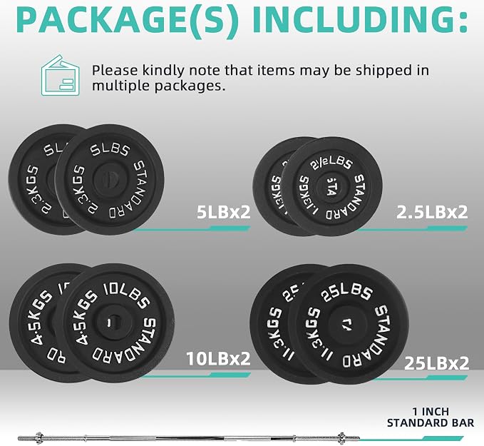 Fitvids Barbell Weight Set, Cast Iron 1" Standard Weight Plates Including 5FT Standard Barbell Bar & Star Locks, 95 Pounds Set (85 Lbs Plates + 10 Lbs Barbell Bar), Multiple Packages