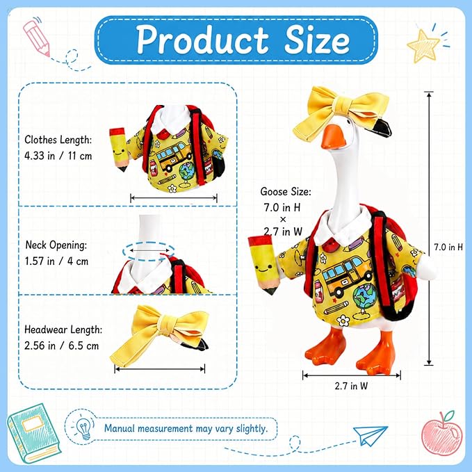 7 Inch Desk Goose Statue with 6 Back to School Outfits Set Cute Mini Goose Decor School Classroom Office Home Table Decoration First Day of School Gifts for Teachers Students