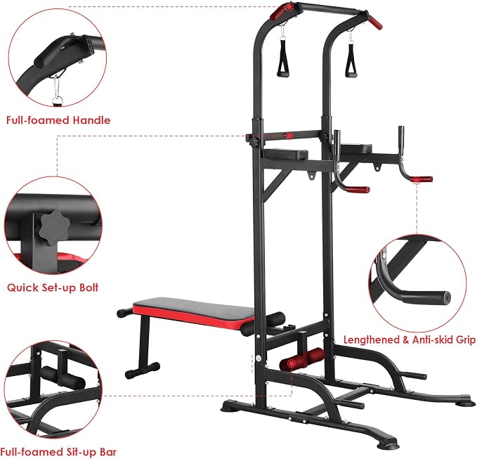 Multi-Function Power Tower with Folding Bench 4 Training Ropes | Pull Up Bar Stand with Adjustable Heights and Angles, Heavy-duty Frame, 400LBS Capacity, Home Gym Full-body Strength Training