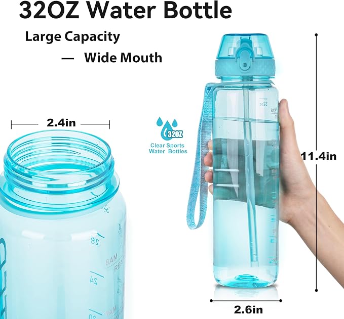 GOPPUS Clear Water Bottle With Straw 32oz Clear Sports Water Bottles Motivational with Time Marker Tritan BPA Free Clea Plastic Water Bottle Wide Mouth for Gym Travel Home School Office