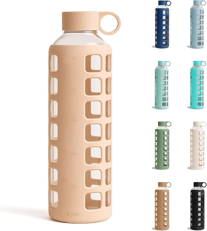 purifyou 40oz / 32oz / 22oz / 12oz Borosilicate Glass Water Bottle with Time & Volume Markers, Silicone Sleeve, Stainless Steel Lid | Reusable Glass Bottle for Water & Juice (32oz Hazelnut)