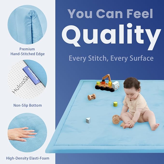 Baby Play Mat for Floor,1.3" Thick Memory Foam Tummy Time Mat,Soft Coral Velvet Nursery Rug,Extra Large Non Slip Crawling Mats for Living Room （Light Blue）