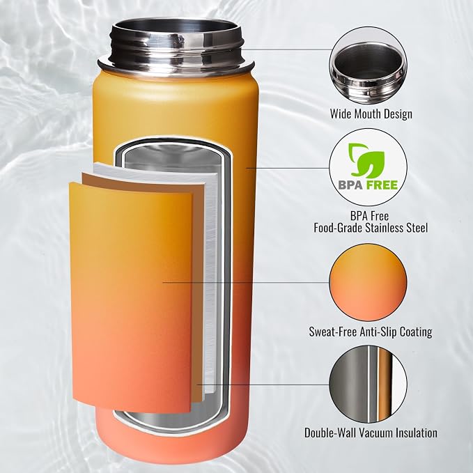 Fijinhom Insulated Water Bottle with Handle, 304 Stainless Steel Water Bottles with Wide Mouth, Double Wall Vacuum Sports Water Bottle, BPA Free, Keep Cold and Hot, 18 Ounces, Yellow&Orange