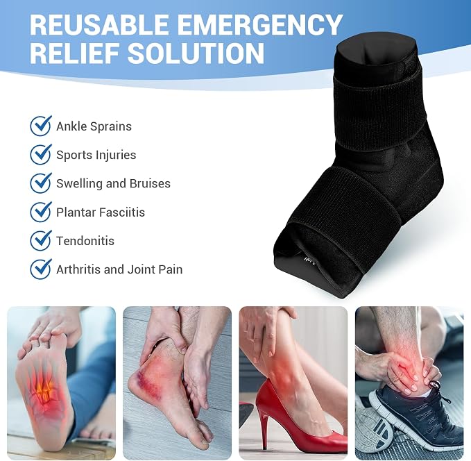 Comfytemp Ankle Foot Ice Pack Wrap for Plantar Fasciitis Relief, Feet Pain | FSA Eligible HSA, Ankles Brace Heel Wrap, Hot Cold Compress Gel Ice Bag for Injury Reusable, Achilles Tendonitis, 1pc, Black