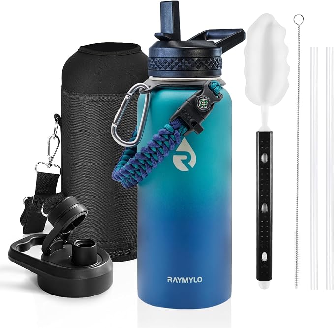 RAYMYLO Insulated Water Bottle 32 oz, Triple Wall Vacuum Stainless Steel (Cold for 24Hrs, Hot for 12Hrs), Leak Proof & Non-BPA, Modern Water Flask Jug with Paracord Handle & Straw Spout Lids | (Cold for 24Hrs, Hot for 12Hrs), Leak Proof & Non-BPA, Mode...