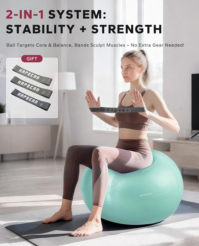 HAPBEAR Exercise Ball- Anti-Burst Slip-Resistant Yoga/Pilates Ball for Core Training & Posture Improvement, Home Gym/Rehab/Pregnancy Ball, Quick Pump & 3 Resistance Bands Included