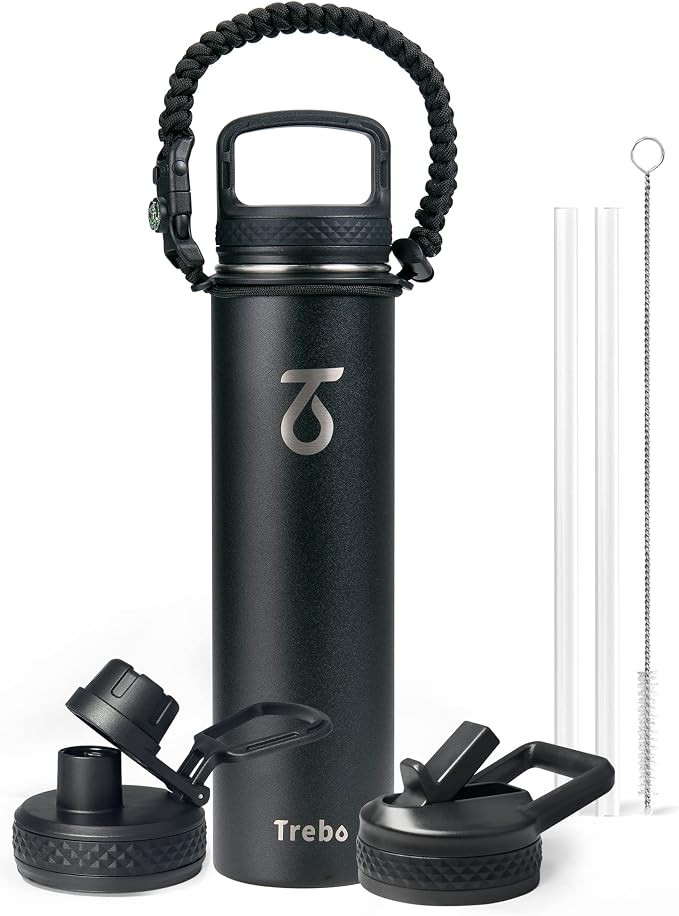Trebo Insulated Water Bottle 24 oz with 3 Lids, Paracord Handle | Stainless Steel Metal Flask Vacuum, Triple Wall Copper Plated, Dishwasher Safe, Cold 48Hrs for Hiking, Fits in Car Holder