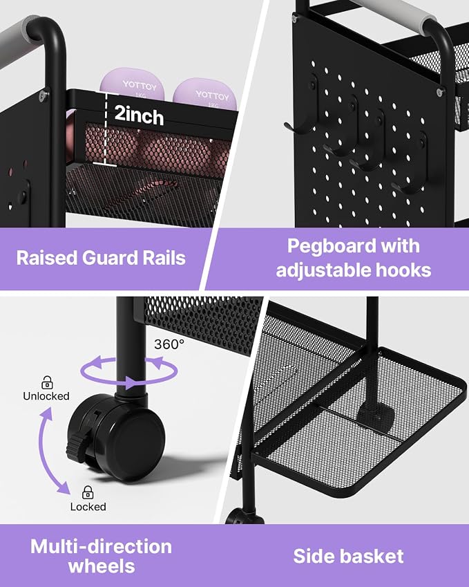 YOTTOY 3-Tier Gym Storage Rack for Home Gym–Multi-Functional Weight Rack, Dumbbell Rack, Yoga Mat Holder with Side Basket & 6 Hooks, Gym Equipment Organizer