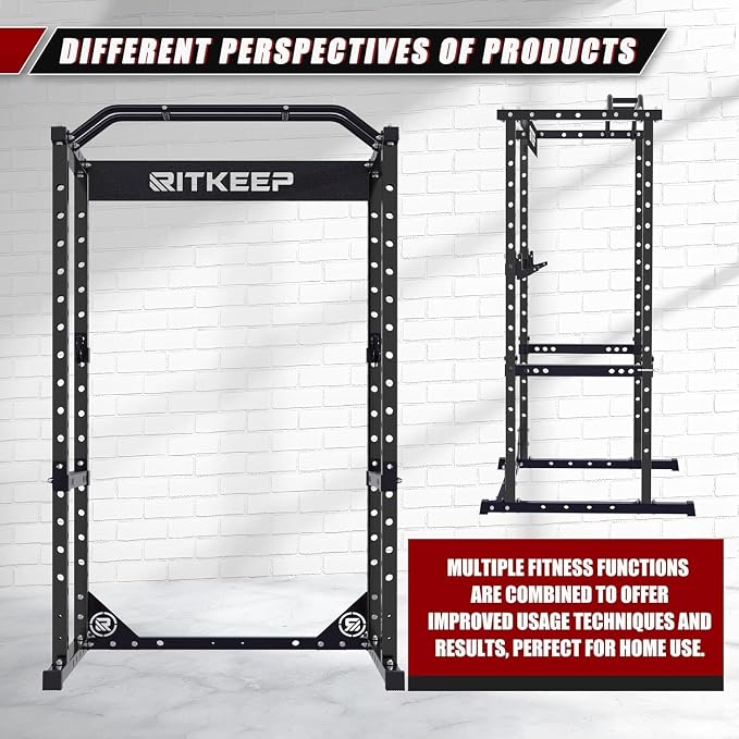RitKeep Power Rack, Adjustable Multi-Function Squat Rack for Home Gym | 3-in-1 Power Cage with 1200LB Capacity, J-hooks, safety bars and multi-grip pull-up bar for strength training -RMAX 2250