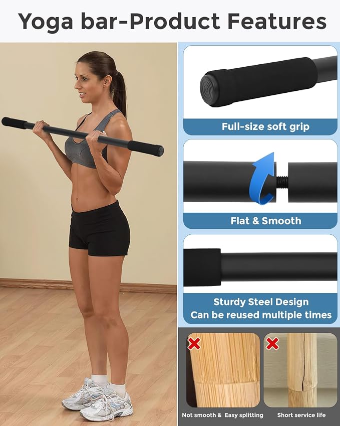 P Polerden Yoga Stick, 5ft Exercise Stick for Mobility, Stretching Stick with Non-Slip Ends, Exercise Dowel for Pilates, Balance Pole and Stretch Bar for Stretching Equipment