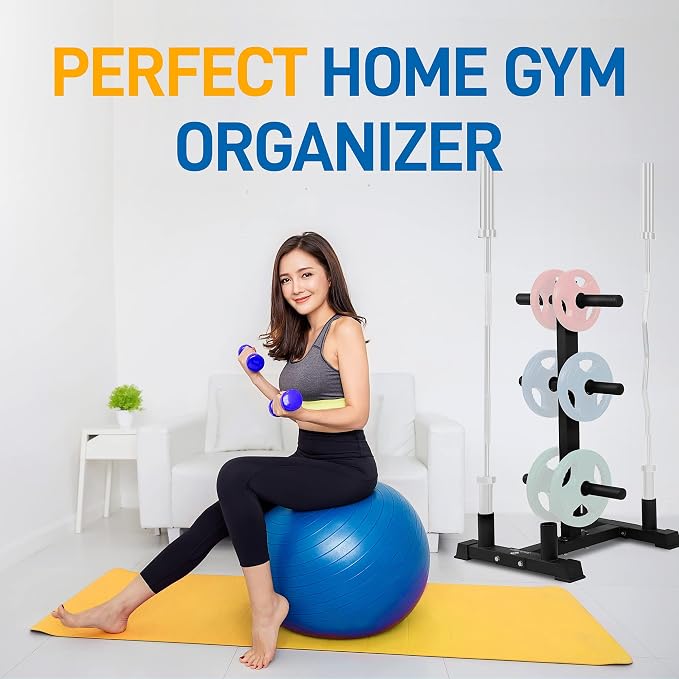 SereneLife 6-Pegs Olympic Weight Plate Rack & 4 Barbells - 800 Pounds Capacity, Heavy Duty Gym Organizer, Scratch Resistant Frame, Powder-Coat Finish, Easy to Assemble, Compact & Space-Saving