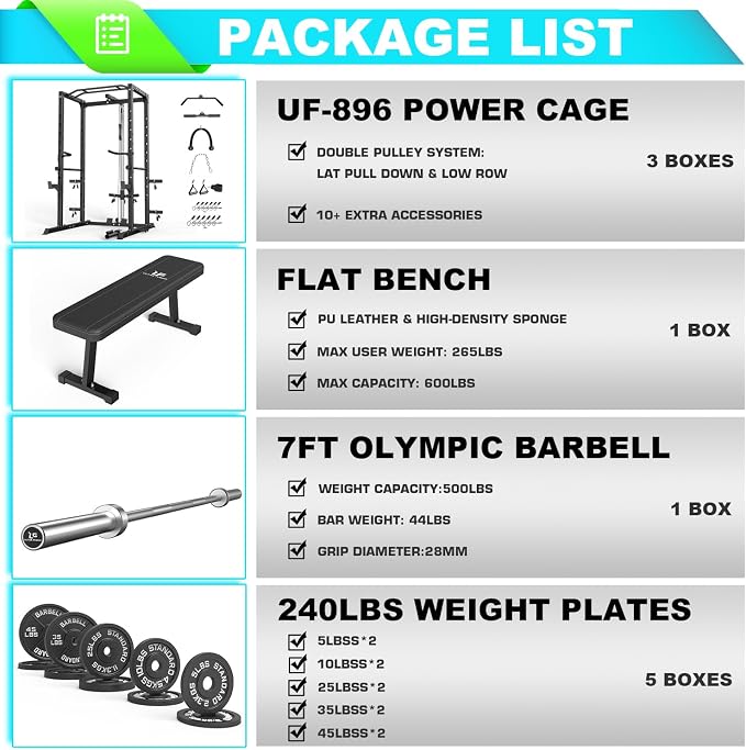 ULTRA FUEGO Power Cage, Multi-Functional Power Rack with J-Hooks, Dip Handles, Landmine Attachment and Optional Cable Pulley System for Home Gym