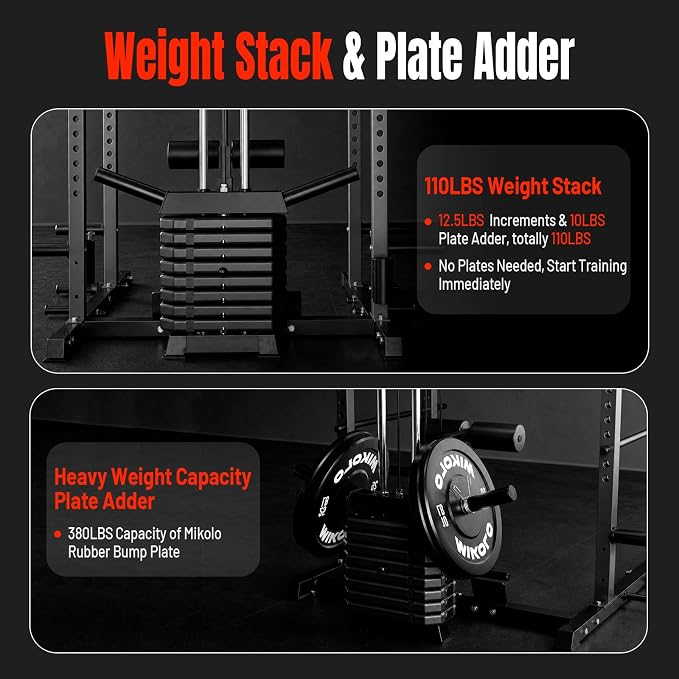 Mikolo F4 2.0 Power Cage with Dual-Track Smooth Pulley System, 1200LBS Power Rack with Leg Hold-Down for Heavy LAT Pulldowns