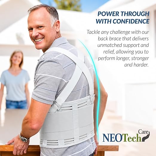 NeoTech Care Back Brace with Suspenders for Work - Industrial Lifting Safety, Elastic Compression, Hook & Loop Closure (Gray, Size L)