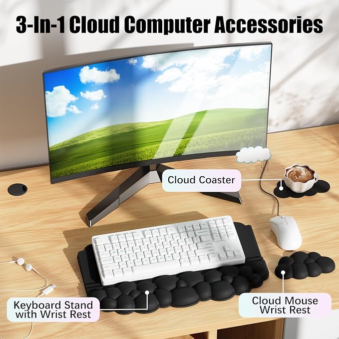 Ergonomic Wrist Rest for Computer Keyboard and Mouse, Cloud Keyboard Stand | Soft Memory Foam Keyboard Riser Holder with Wrist Pad, Easy Typing, Pain Relief, Comfort for Office, Work, Gaming - Black