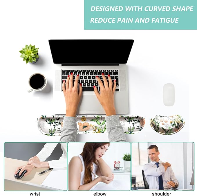 Keyboard Wrist Rest Mouse Wrist Support Set, Memory Foam Wrist Rest Pad for Computer Laptop Keyboard Mouse, Ergonomic Wrist Cushion Support for Typing Pain Relief, Gaming Home Office, Flower White