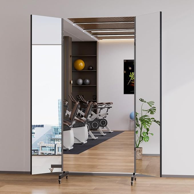 brisafe 63''×67'' Large Full Body Non-Glass Frameless Mirror on Wheels, NanoMirror 360° Swivel Shatterproof Unbreakable Foldable Fitness Mirror for Home Gym Yoga Dance Studio, Back | Tri-Fold Compact Storage, Nano Shatter-Resistant, Aerospace Aluminum,...