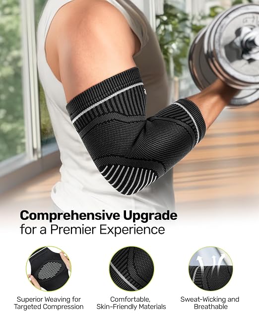 Rakiie Elbow Compression Sleeve 2 Pack, High Elastic Elbow Brace for Tendonitis and Tennis Elbow for Women & Men, Elbow Sleeve for Tennis, Golfer, Badminton, Weightlifting, Grey XL
