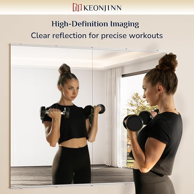 Keonjinn Home Gym Mirror, 48" x 32" Workout Mirrors for Home Gym, Frameless Tempered Glass, Full Body Wall Mirrors for Fitness Exercise, Yoga Room, Dance Studio, Garage